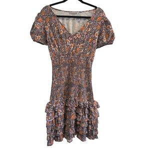 Sincerely Jules Floral Smocked Mini Dress Womens Medium V-Neck Ruffle Boho Brown